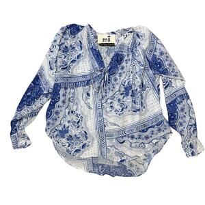 mii Aux 1001 Nuits 100% silk blue white patterned blouse XS
